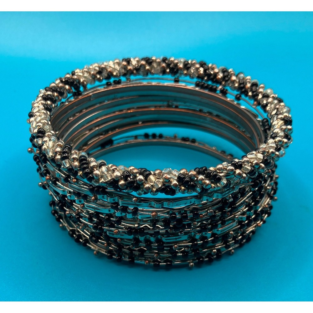 Beaded Lot of Bangle Bracelets Set Womens Black Silver Beaded Stackable 11pc